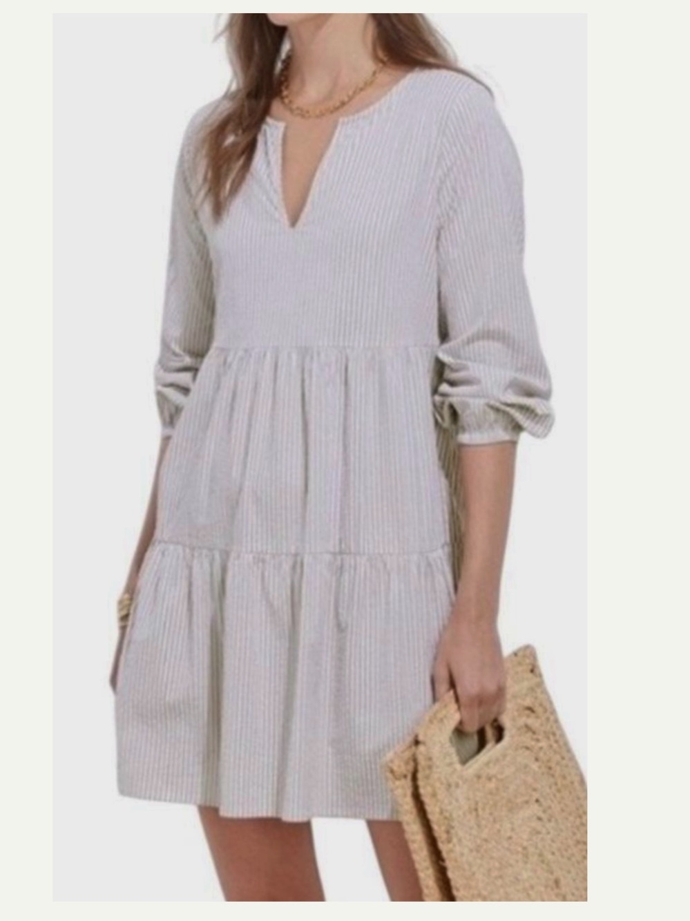 Vineyard Vines Light Gray Striped Tiered Mini Dress Medium
